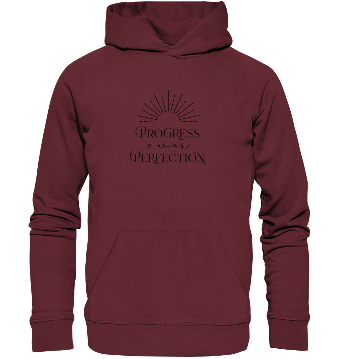 Progress Over Perfection - Organic Hoodie Burgundy Hoodies Organic Hoodie True Statement