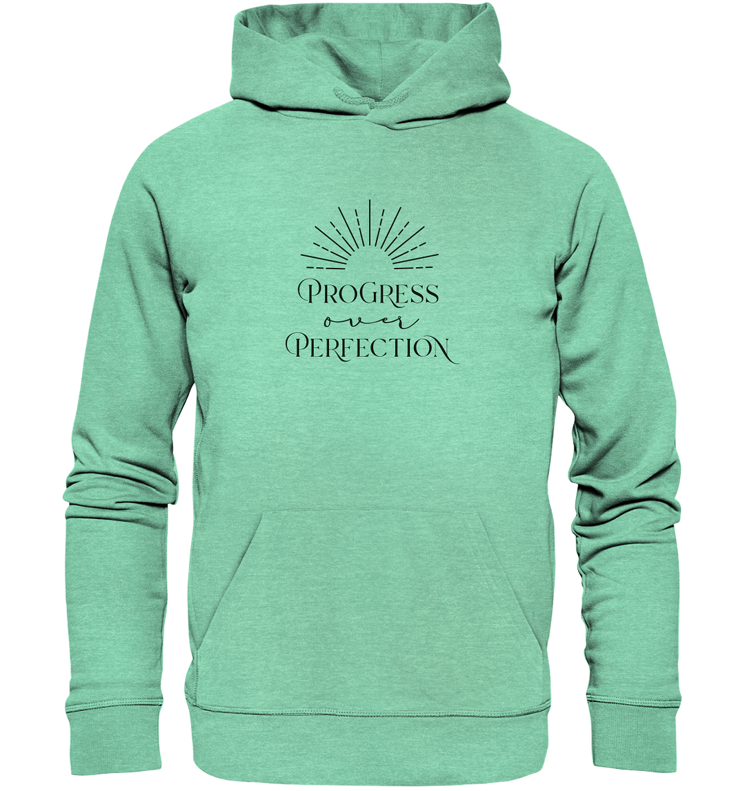 Progress Over Perfection - Organic Hoodie Mid Heather Green Hoodies Organic Hoodie True Statement